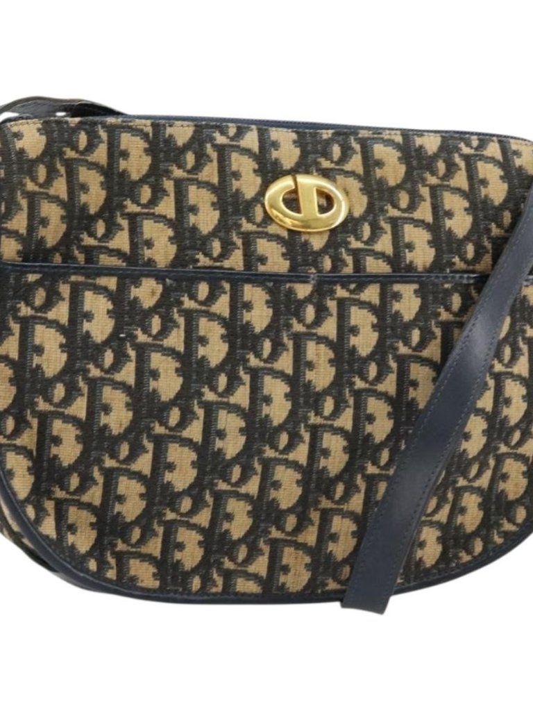 Christian Dior Trotter Canvas Shoulder Bag Navy Gold Auth 156002